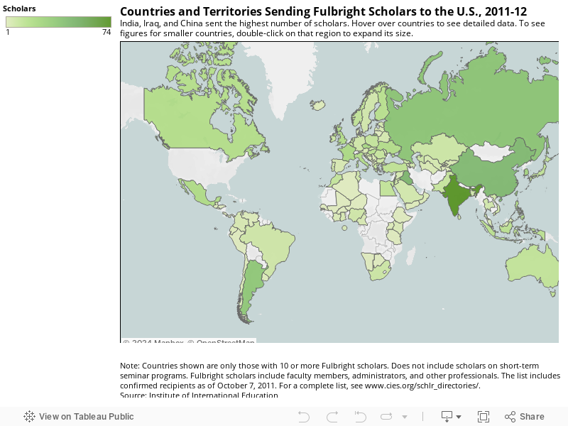 Countries and Territories Sending Fulbright Scholars to the U.S., 2011-12India, Iraq, and China sent the highest number of scholars. Hover over countries to see detailed data. To see figures for smaller countries, double-click on that region to expand it 
