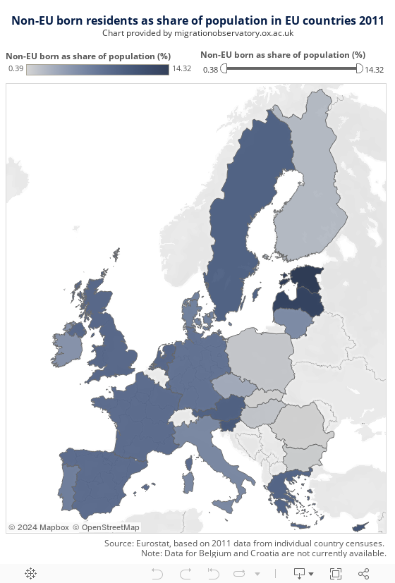 Non-EU born residents as share of population in EU countries 2011Chart provided by migrationobservatory.ox.ac.uk 