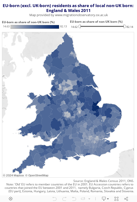 EU-born (excl. UK-born) residents as share of local non-UK born: England & Wales 2011Map provided by www.migrationobservatory.ox.ac.uk 