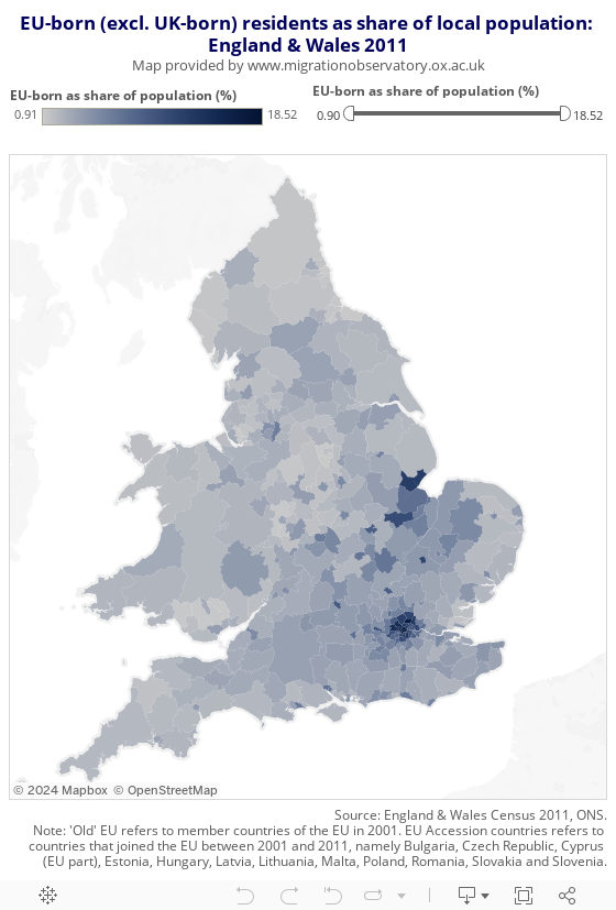 EU-born (excl. UK-born) residents as share of local population: England & Wales 2011Map provided by www.migrationobservatory.ox.ac.uk 