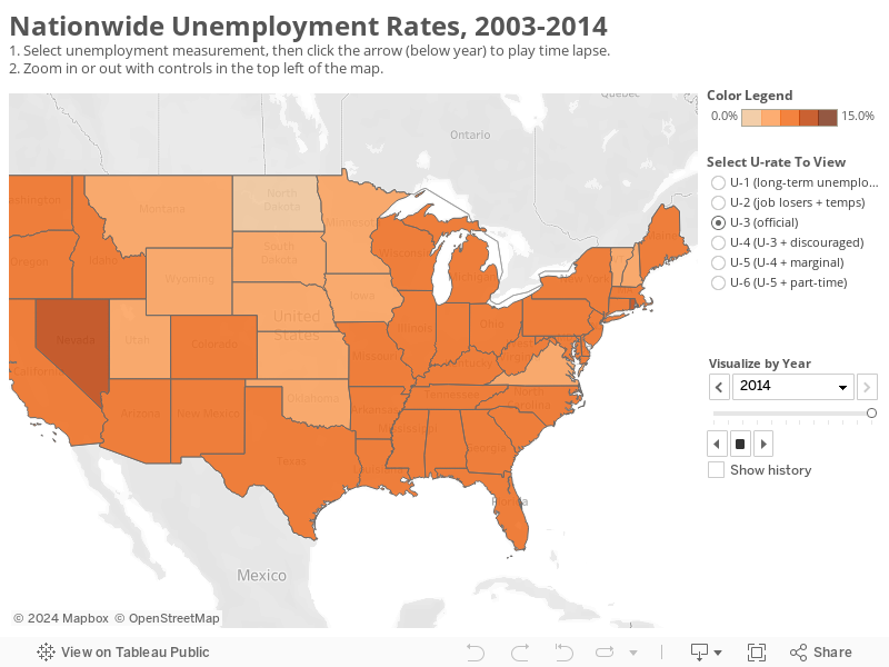 Nationwide Unemployment Rates, 2003-20141. Select unemployment measurement, then click the arrow (below year) to play time lapse.2. Zoom in or out with controls in the top left of the map.  